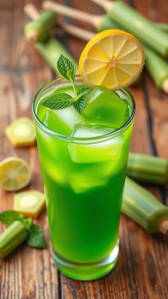 A glass of green drumstick juice with ice, garnished with lemon and mint, on a wooden table.